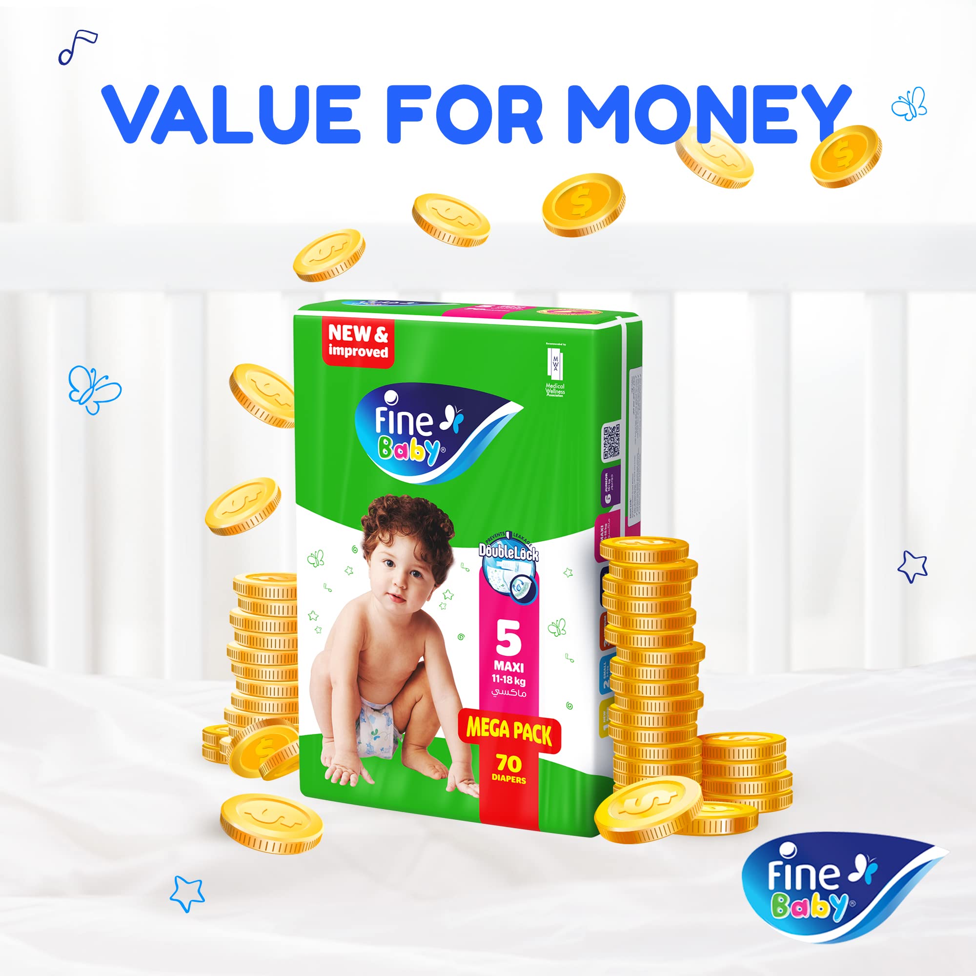 Fine Baby Diapers Size 5 Maxi 11-18kg Mega Pack 70pcs حفاظات فاين بيبي بلوشن لمسة الأم، حجم ماكسي 10-22 كغم، عبوة التوفير 70 حفاظة Fine Baby Diapers Size 5 Maxi 11-18kg Mega Pack 70pcs حفاظات فاين بيبي بلوشن لمسة الأم، حجم ماكسي 10-22 كغم، عبوة التوفير 70 حفاظة